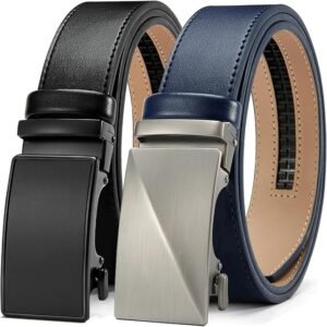 Men's Ratchet Leather Belt Set - 2 Pack Sliding Belt Adjustable For Gift Mens Dress Casual 1 3/8",Cut for Fit